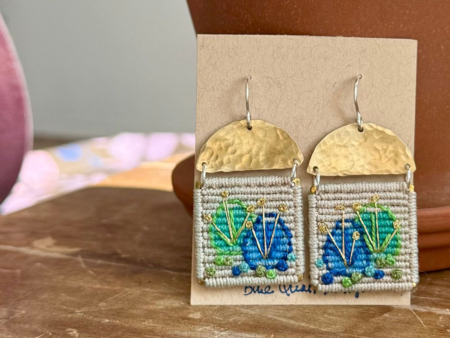 Linen Macrame Applique Embroidered Earrings