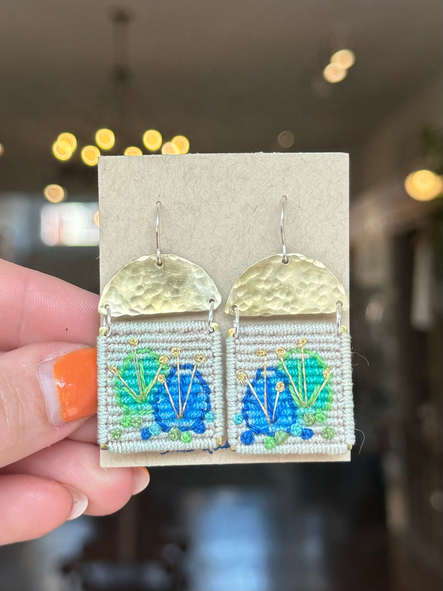 Linen Macrame Applique Embroidered Earrings