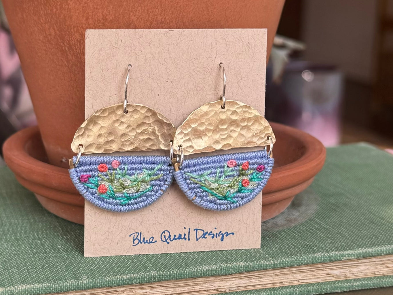 Denim Macrame Applique Embroidered Slice Earrings