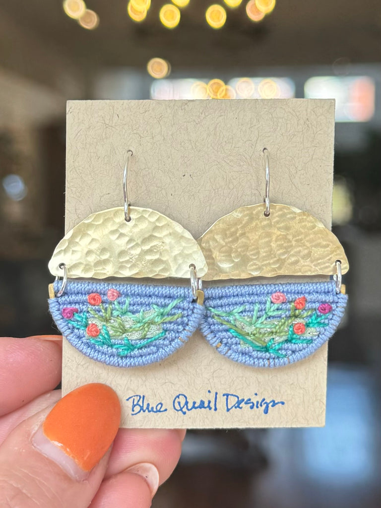 Denim Macrame Applique Embroidered Slice Earrings