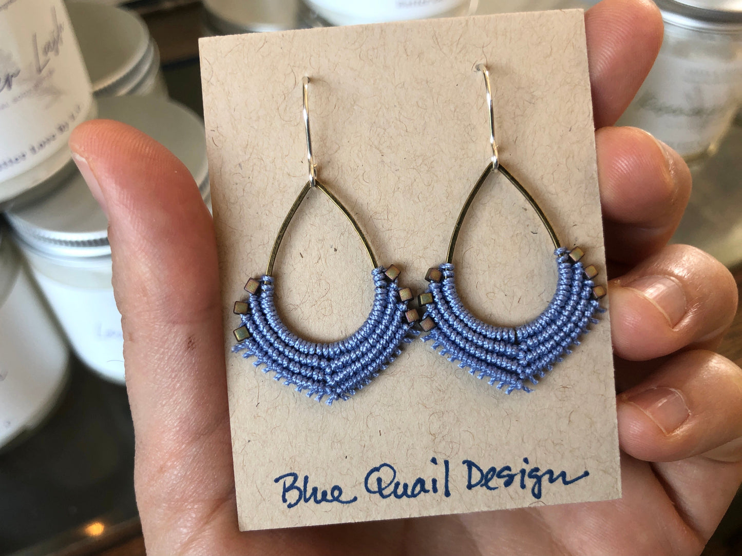 Denim Teardrop Macrame Earrings