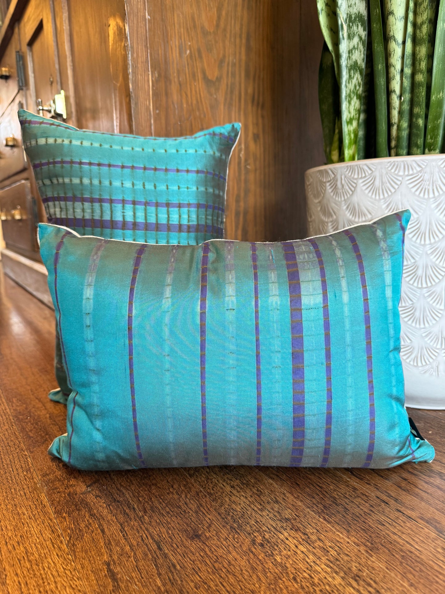 Hand Dyed Silk Pillow - Teal Stripe