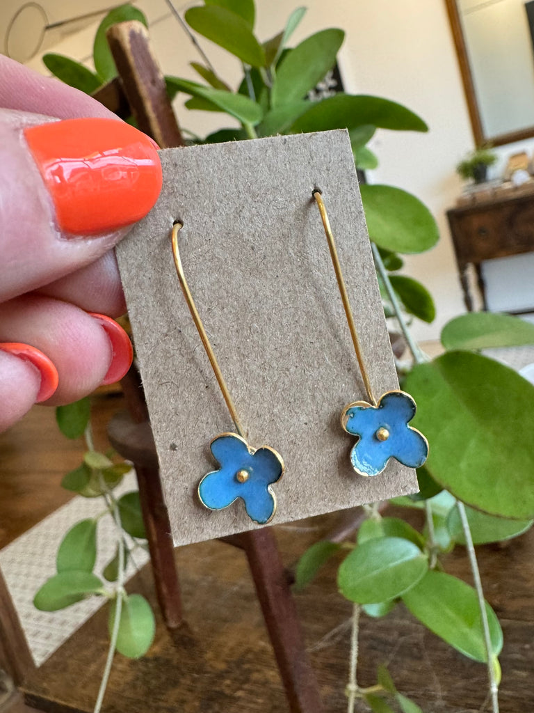 Small Enamel Flower Earrings - Denim