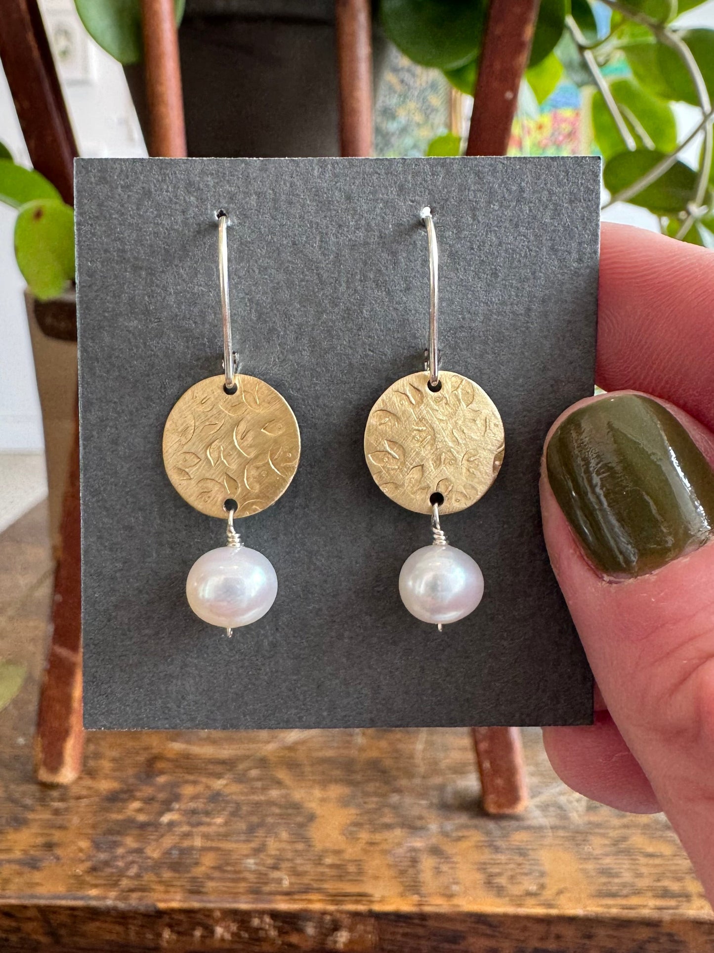 Brass Disc Pearl Earrings