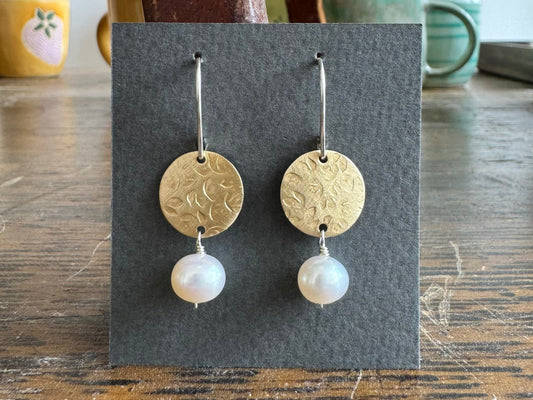 Brass Disc Pearl Earrings