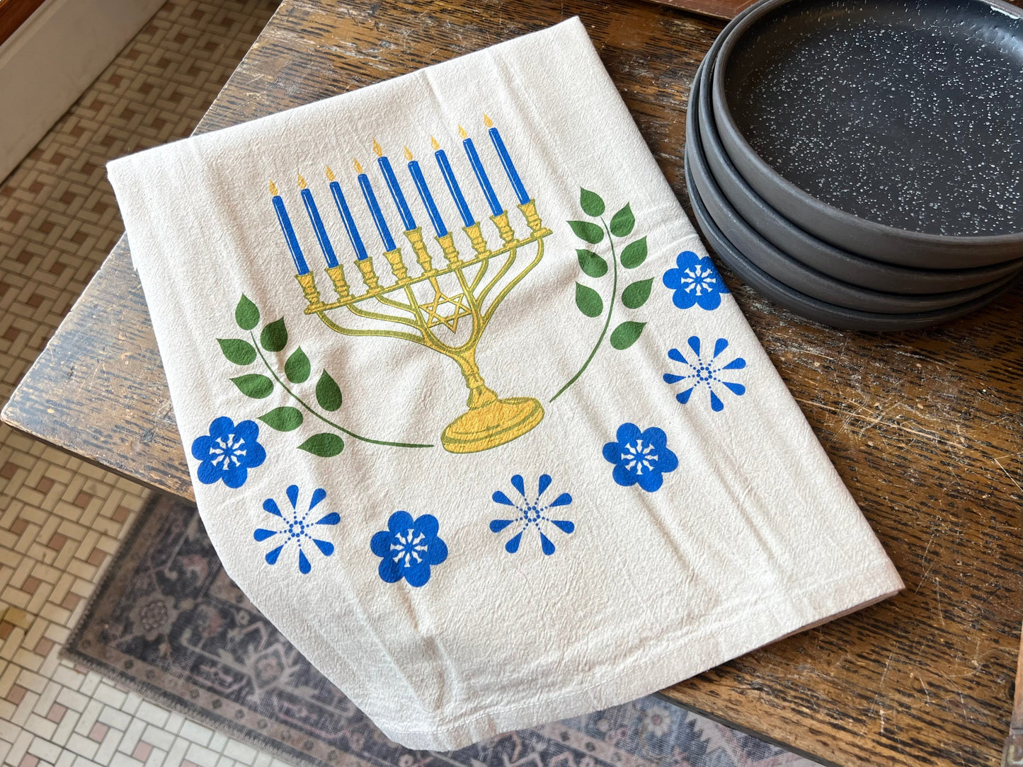 Menorah and Flowers Flour Sack Towel