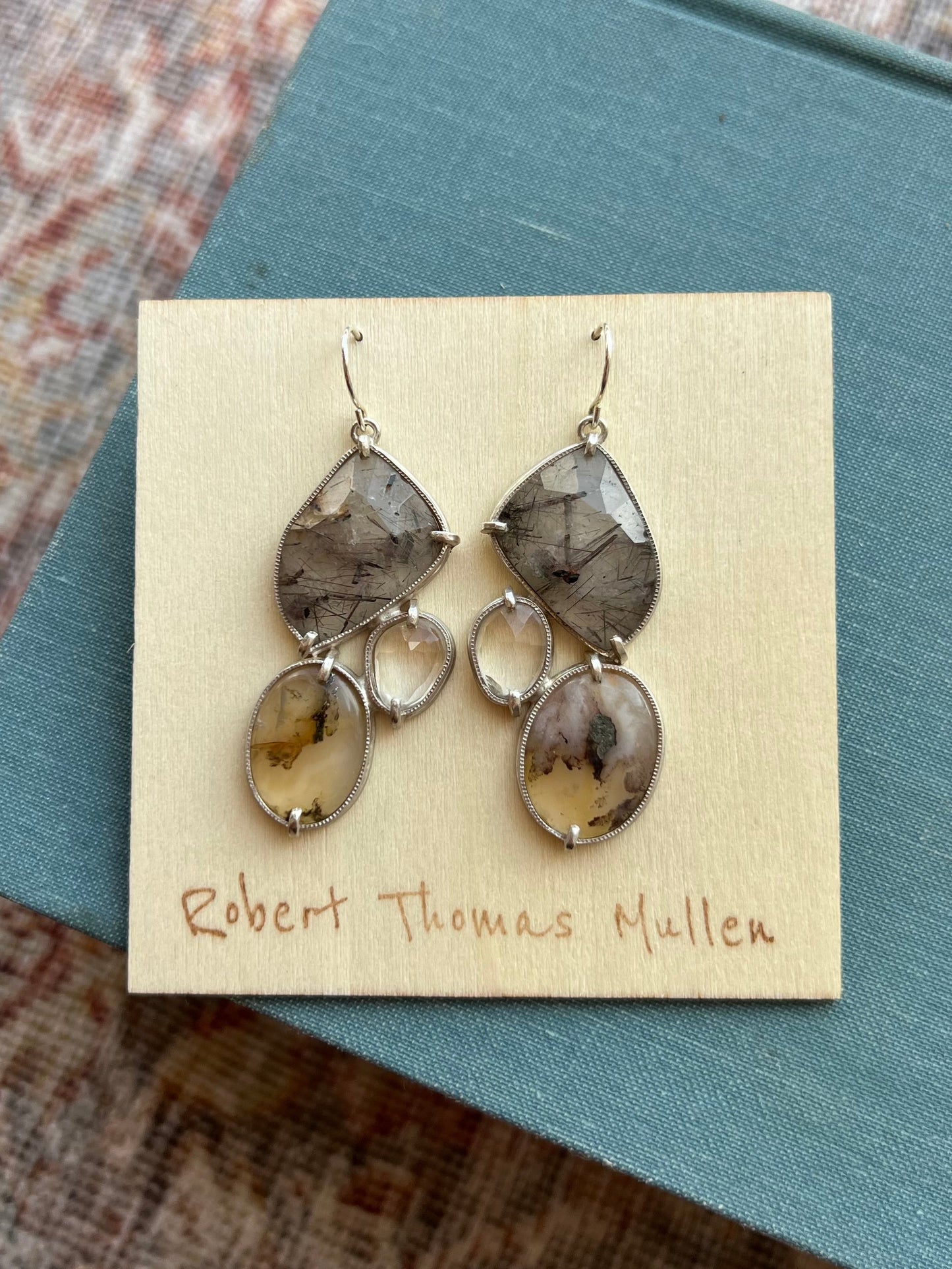 Rutilated Quartz, Plume Agate, Rock Crystal and Silver Earrings