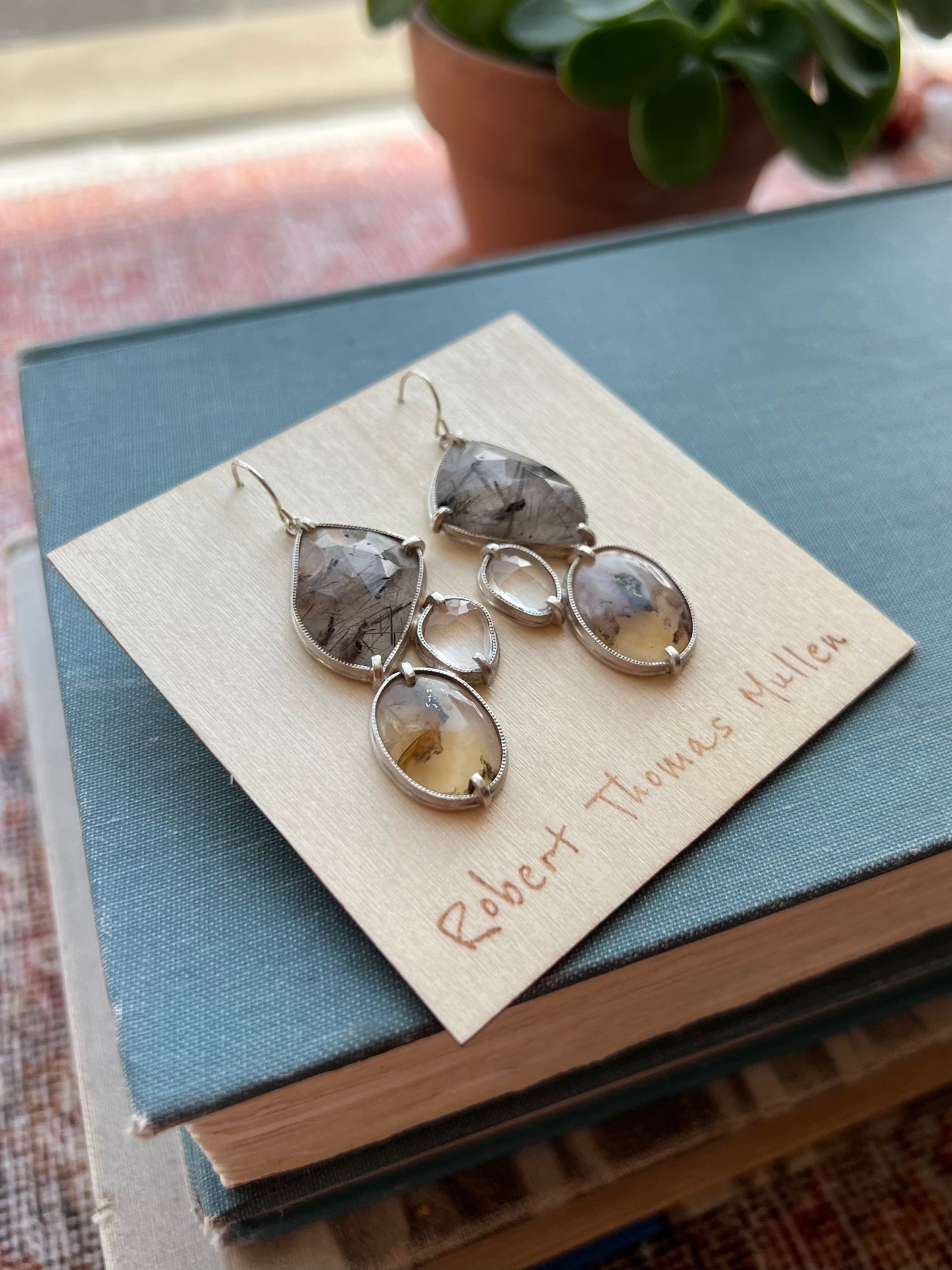 Rutilated Quartz, Plume Agate, Rock Crystal and Silver Earrings