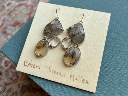 Rutilated Quartz, Plume Agate, Rock Crystal and Silver Earrings