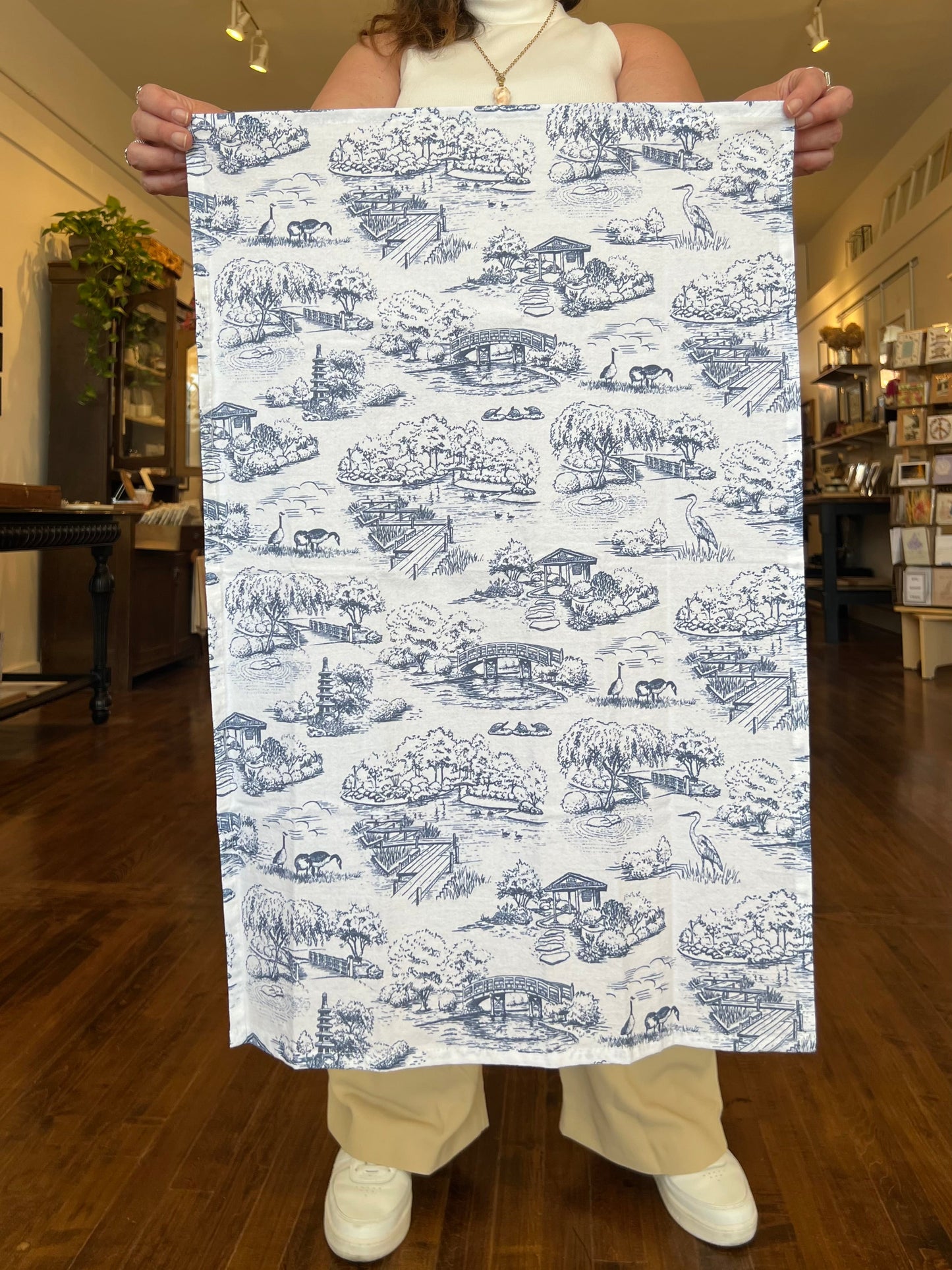 Japanese Garden Toile Tea Towel - Navy