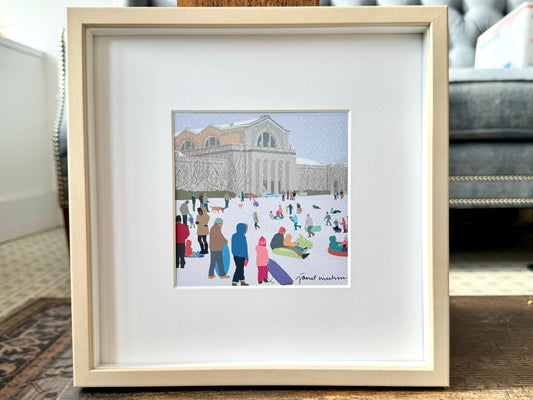 "Sledding on Art Hill" - Framed Print Natural