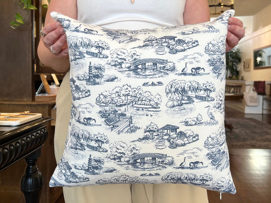 Japanese Garden Toile Pillow - Navy