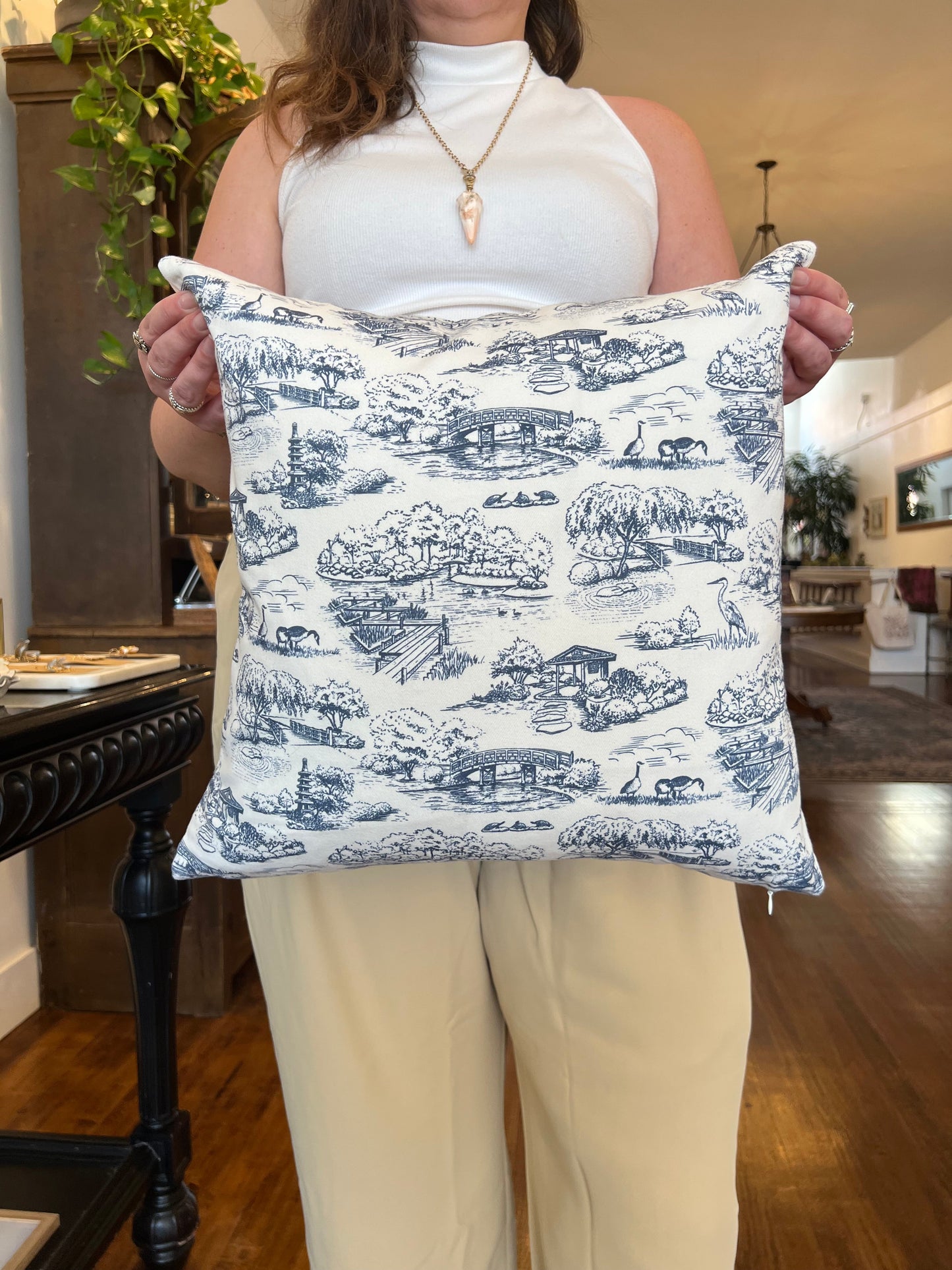 Japanese Garden Toile Pillow - Navy